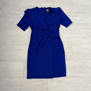 DKNY Women's Side Knot V-Neck Sheath Midi Royal Blue 8 Back Zip Cocktail Career
